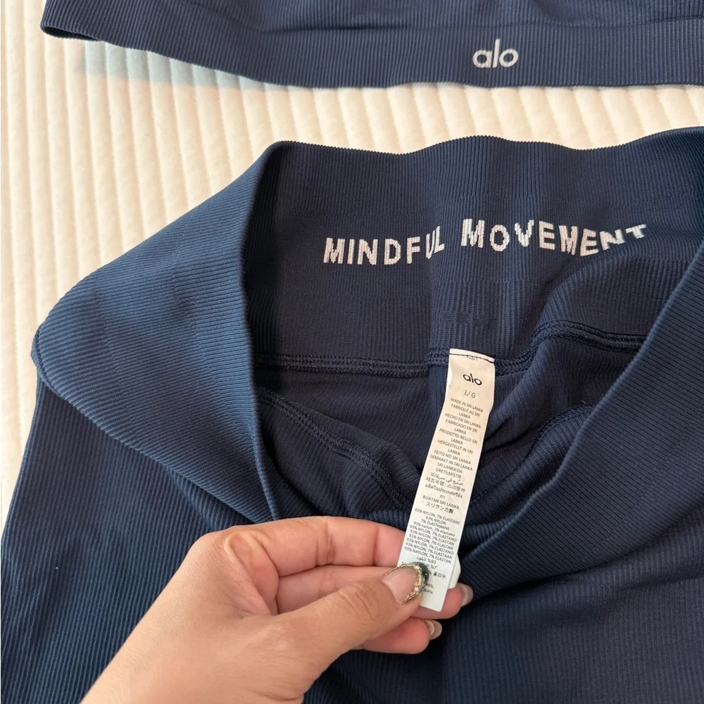ALO Yoga Navy Ribbed Sports Bra and Bike Shorts Set